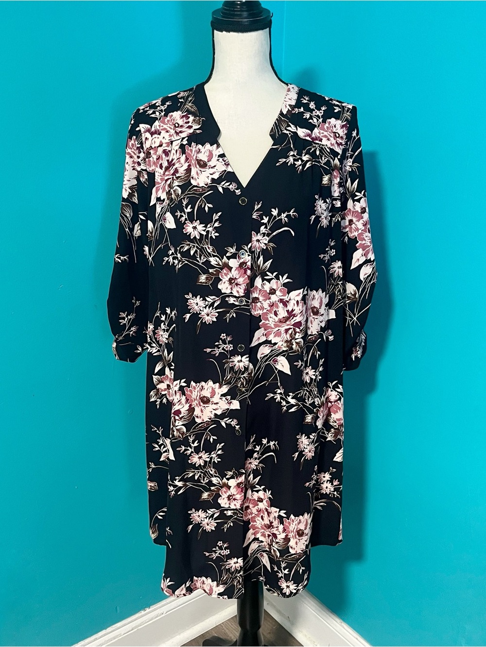NWT 41 Hawthorn L Cristen Navy Blue Pink Floral Print Shirt Dress Stitch Fix
